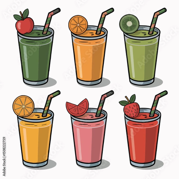 Fototapeta Six glasses of various fruit smoothies with straws and fruit garnish, concept for healthy lifestyle branding and beverage menu design