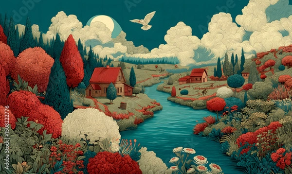 Obraz Illustrations presenting various neighborhoods in a bright and beautiful Russian rural style. The river, houses and way of life are visible