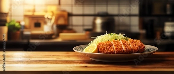 Fototapeta Delicious crispy fried pork cutlet with lemon.