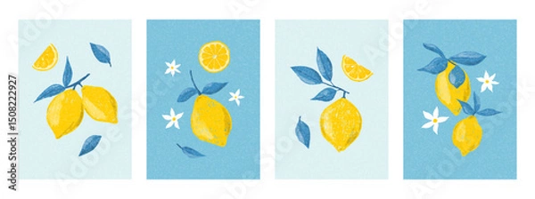 Fototapeta Lemons, flowers and leaves, vector crayon illustration set. Card, invitation or poster. Trendy hand drawn retro design for wall decor, postcard, cover, t shirt, prints