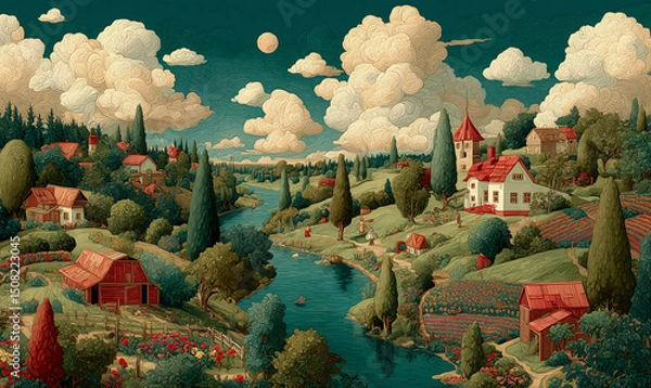 Fototapeta Illustrations presenting various neighborhoods in a bright and beautiful Russian rural style. The river, houses and way of life are visible