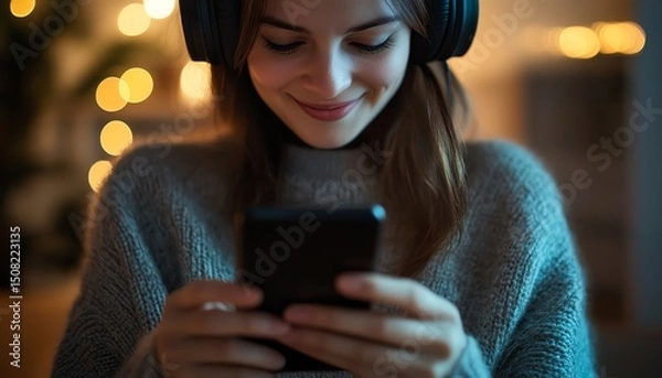 Fototapeta Young woman enjoying music on smartphone.
