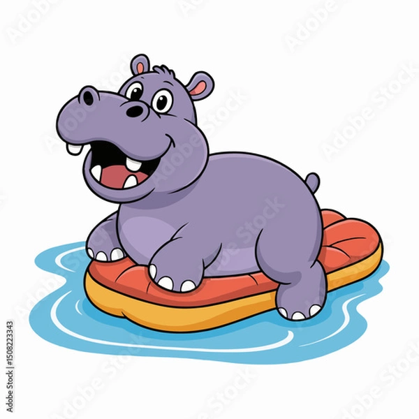 Fototapeta Cheerful cartoon hippopotamus relaxing on an inflatable raft in a pool of water, concept for summer fun illustrations