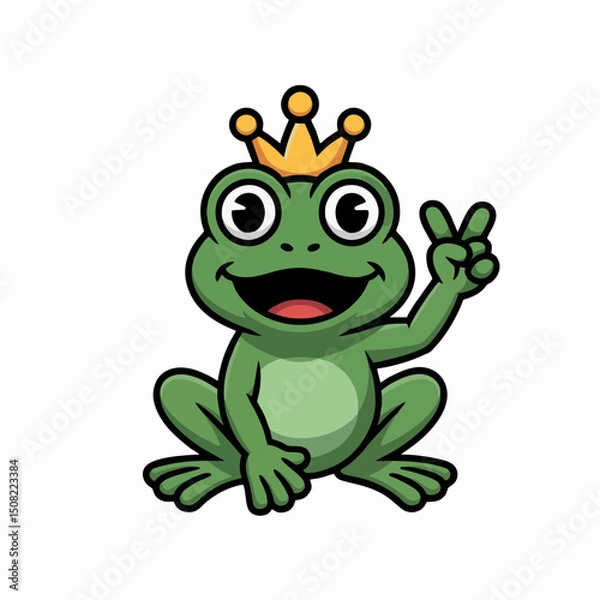 Fototapeta Cheerful cartoon frog wearing a golden crown and showing a peace sign, concept for children's book illustration, mascot, or character design