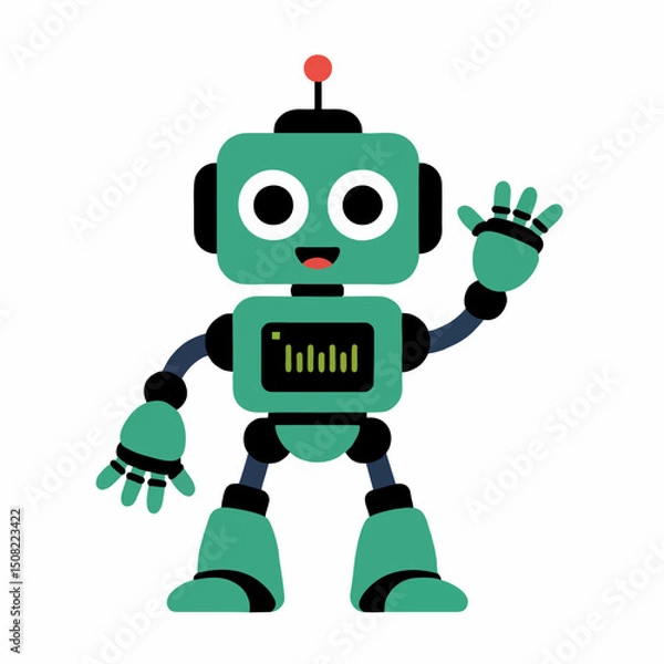 Fototapeta Friendly teal robot waving isolated on white background, concept for children's book illustration, animation, or robotic technology website design