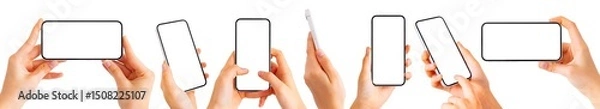 Fototapeta Set of modern mobile phones with blank white screens in hands on transparent background	

