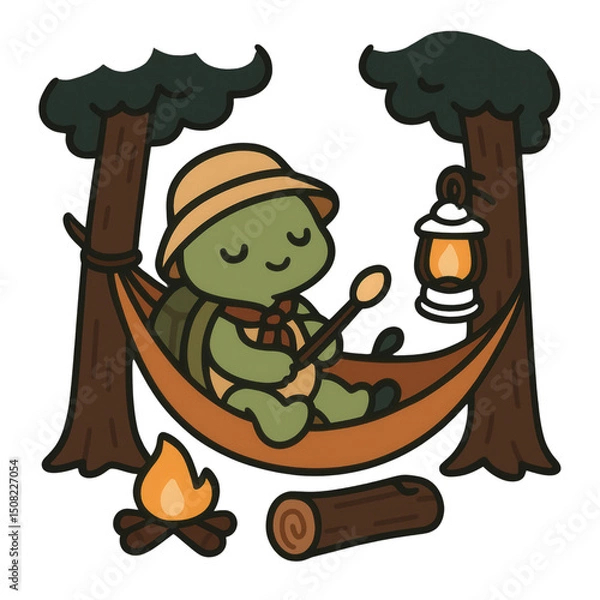 Fototapeta Adorable turtle resting in a hammock between trees with a lantern and campfire, wearing a scout outfit. Perfect for camping, outdoor, and cozy woodland adventure themes.