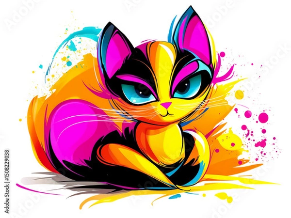 Obraz Colorful cat illustration with vibrant splashes of paint creating a lively composition in a playful style