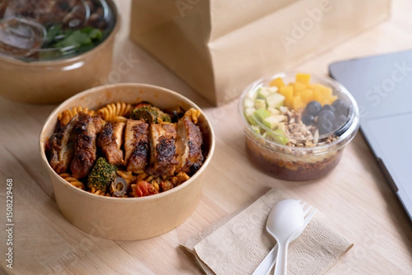 Fototapeta Close up paper bowl with healthy food on work place of working desk, Healthy eating clean food habits for diet and health care concept, Delicious balanced food concept.