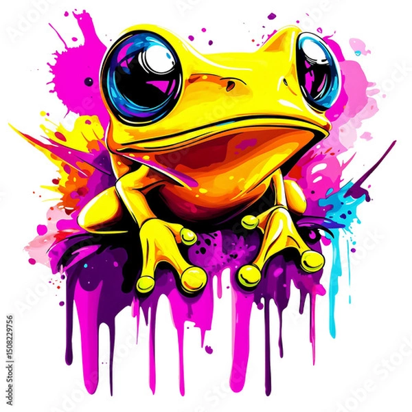 Obraz Bright yellow frog with vibrant colors and playful design against colorful splashes of paint