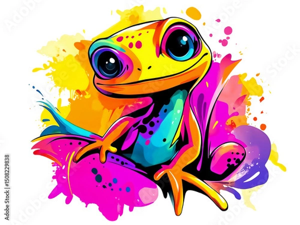 Obraz Bright yellow lizard with vibrant colors and playful design against colorful splashes of paint