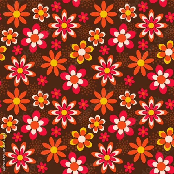Fototapeta Seamless vector pattern in retro style with bright flowers on a brown background