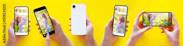 Fototapeta Set of Different Social Media Post and Content Mockups Featuring Woman in Nature on Smartphone Screen