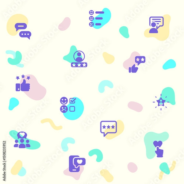 Fototapeta Vector illustration of a cute Review And feedback. Collection of customer, rating, star rating, chat, testimonials, survey, support, communication, sign and other elements. Isolated on beige.