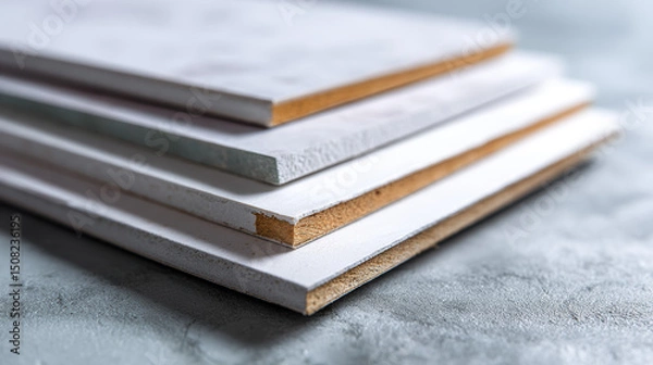 Obraz Stack of various sizes of drywall sheets ready for construction or renovation work, showing different textures and finishes, placed concrete surface, conveying building material preparation