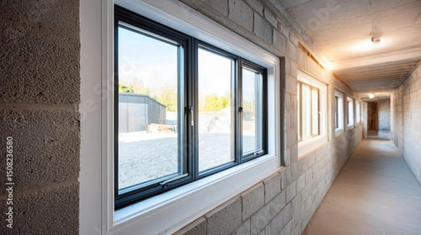 Fototapeta Image shows corridor with multiple large windows installed along one side, allowing natural light to illuminate space. walls are made of unfinished concrete blocks, indicating that building
