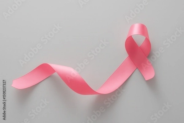 Fototapeta breast cancer awareness: A close-up of a pink ribbon symbolizing breast cancer awareness, laying on a light gray background, representing the fight against breast cancer and the importance of support