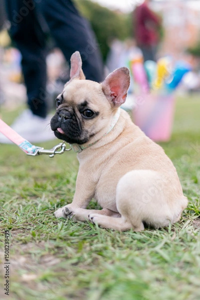 Fototapeta a cheerful white French Bulldog, also known as a Frenchie, strolling through a lush green field. Its wrinkled face and distinctive bat-like ears add to its adorable charm.