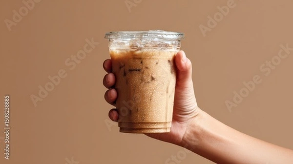 Fototapeta Iced coffee in hand against a beige backdrop