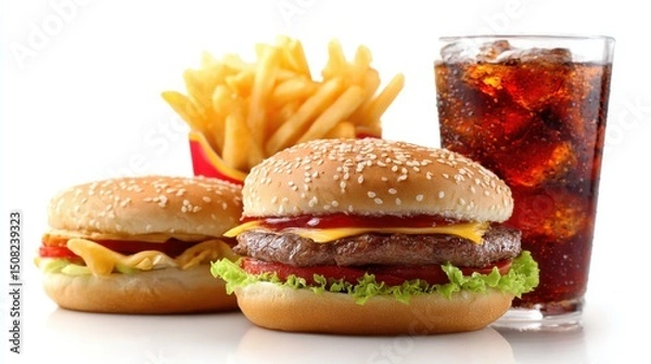 Fototapeta Two hamburgers, french fries, and a soda