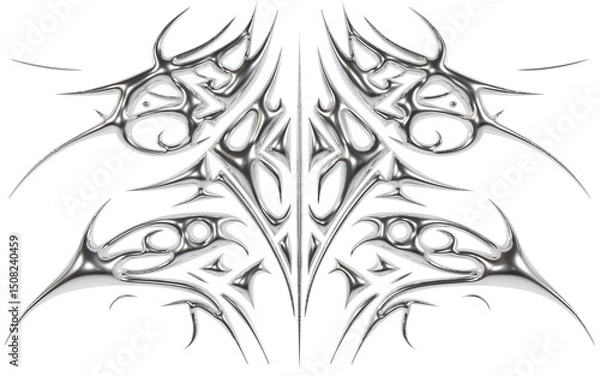 Fototapeta Abstract metallic futuristic 3D tribal y2k chrome shape, aesthetic cyber gothic style neotribal tattoo design