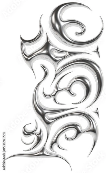 Fototapeta Abstract metallic futuristic 3D tribal y2k chrome shape, aesthetic cyber gothic style neotribal tattoo design