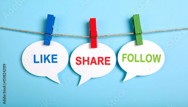 Fototapeta Social media engagement concept: like, share, and follow hanging on a clothesline