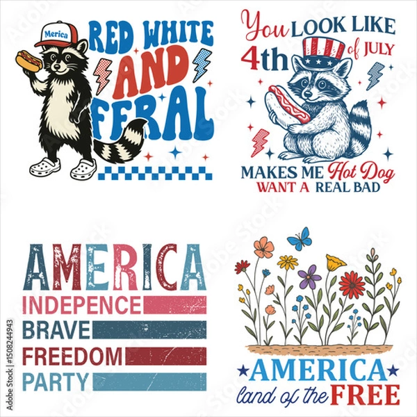 Fototapeta 4th Of July Usa Independence Day Clipart, American 4th July Design Sublimation, Patriotic Fourth Of July Illustration Pack