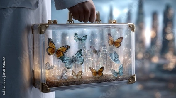 Obraz A person holding a clear glass briefcase filled with butterflies. Background: corporate skyscrapers. Concept of freedom vs corporate confinement.