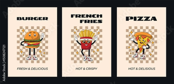 Obraz Groovy retro cartoon poster, card set with burger, pizza, french fries characters. Funky comic fast food mascots with smiling face. 60s, 70s, 80s hippie vector illustration for cafe, bar, restaurant.