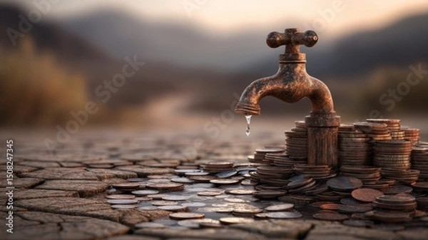 Obraz A rusty faucet mounted on a giant pile of coins in the middle of a dry desert. No water flows. Concept of wealth without sustainability.
