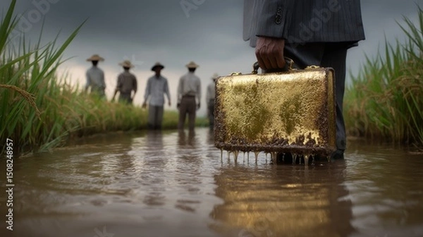 Obraz A businessman in a suit standing knee-deep in a rice field, holding a golden briefcase dripping mud. Behind him, farmers watch with puzzled expressions. Concept of wealth disconnect and rural economy.