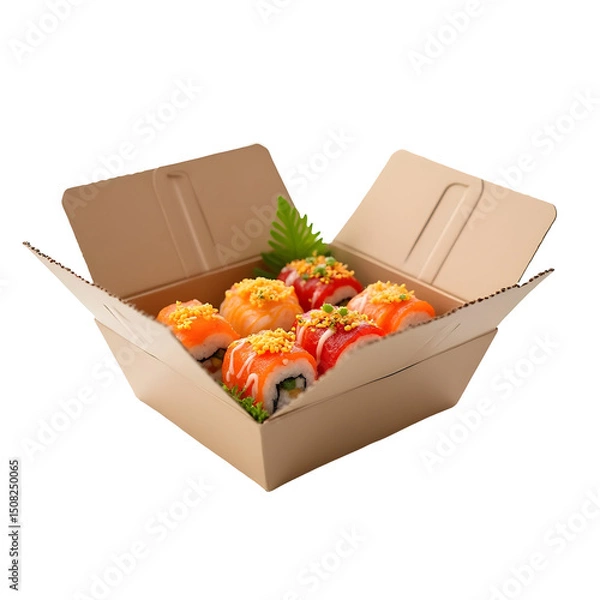 Fototapeta  3D render of plastic take-out food container with shrimp noodles and vegetables, vibrant colors – PNG file isolated on transparent background