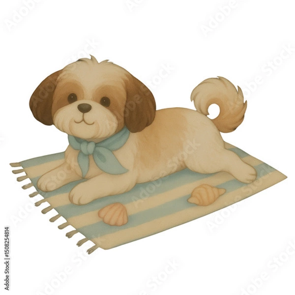 Fototapeta Adorable watercolor clipart of a cute dog lying on a striped towel with seashells. Perfect for summer, beach, nursery, or greeting card illustrations.