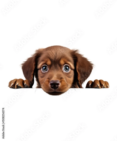 Obraz Cute brown dachshund puppy Peeking a purebred domestic animal, is isolated on a white background