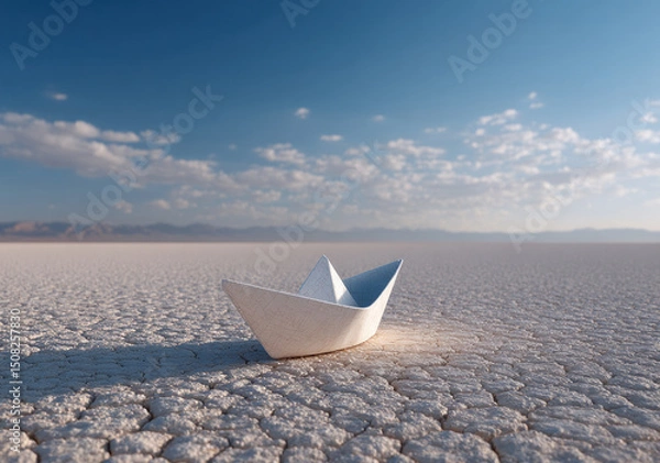 Obraz A delicate paper boat sits on dry land, surrounded by arid cracks, evoking feelings of fragile hope amidst a vast, empty landscape