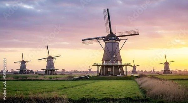 Fototapeta Timeless Windmills at Sunset – A Serene Glimpse into Rustic Charm"