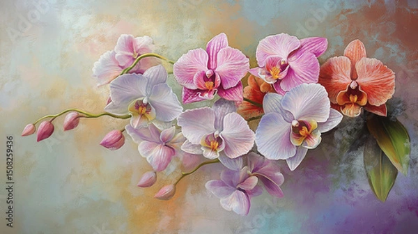 Obraz watercolor botanical Orchid flowers texture template background.Elegant wedding invitation card background . Minimal hand painted Design for wedding or Valentine's Day