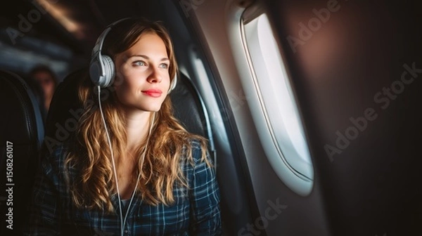 Obraz Young woman enjoying a flight while listening to music with headphones on a sunny day
