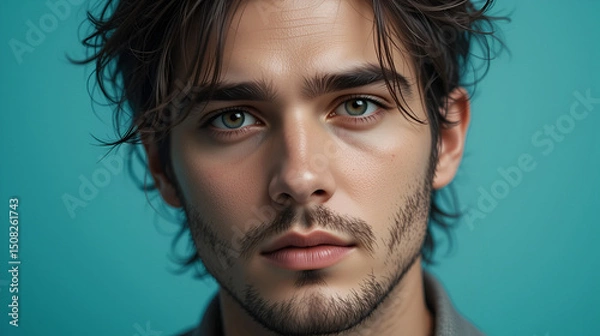Obraz A thoughtful man with tousled hair stands against a teal background, evoking a casual yet contemplative mood, ideal for lifestyle and fashion portrayals.