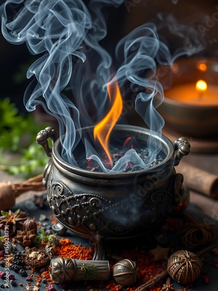 Obraz Mystical Incense Burning in Ornate Cauldron, Aromatic Herbs and Spices Surround