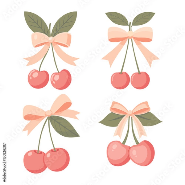 Obraz Two cherries with a bow coquette. A charming bow coquette with a pink ribbon and red cherries on a light background. A delightful Valentine's Day present.
