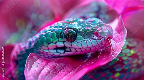 Obraz Close-up of a vibrant snake with colorful scales and a forked tongue, nestled in soft pink petals. AI generative..