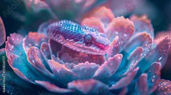 Obraz A blue and pink serpent rests on a flower blossom. Nature scene with vibrant colors. AI generative..