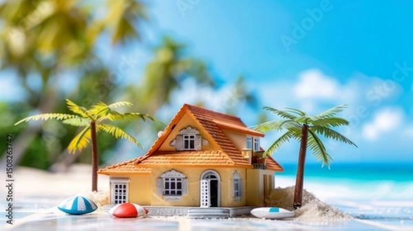 Obraz Cute beach house model with palm trees and blue sky background. AI generative..