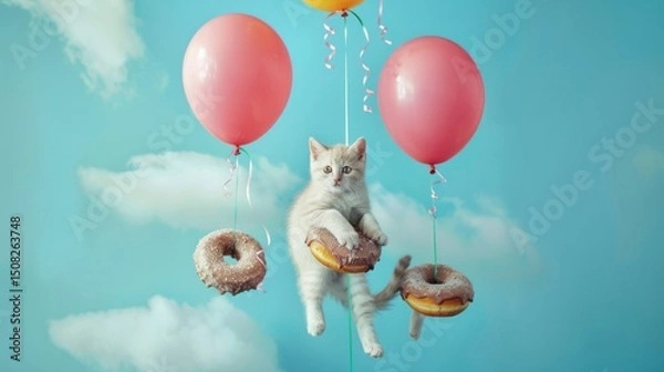 Obraz Cute kitten floats with balloons and glazed donuts in a sky scene. AI generative..