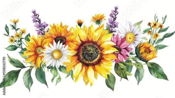 Obraz Floral arrangement of yellow and orange sunflowers, daisies and purple wildflowers. AI generative..