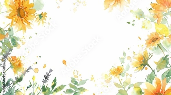 Obraz Watercolor frame with golden flowers, leaves and paint splashes on a white background. AI generative..