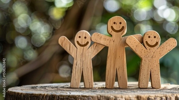 Obraz Wooden figures with smiles stand on a log, nature backdrop. Concept of unity and friendship. AI generative.