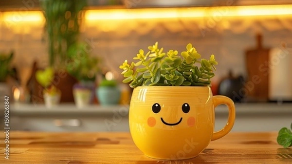 Obraz Yellow cup with a smiley face and green plant on a kitchen counter, warm light. AI generative..